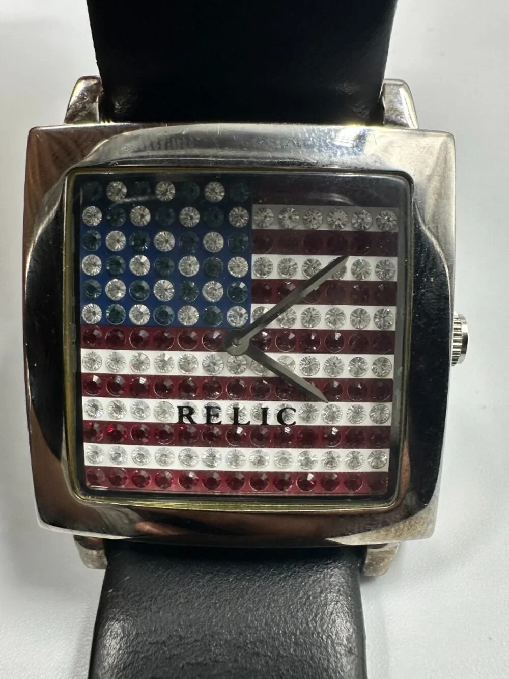 Relic Watch Women Silver Tone Rhinestone American Flag Dial New Battery 9 Inch
